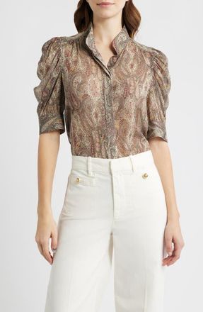 Frame Denim The Gillian Paisley Puff Sleeve Silk Shirt in Ecru Multi at Nordstrom, Size X-Small