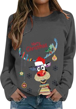 Generic Christmas Sweatshirts for Women UK Long Sleeve Crew Neck Oversized Sweatshirt Womens Christmas Tree Printed Top Ladies Holiday Clothing Shirt