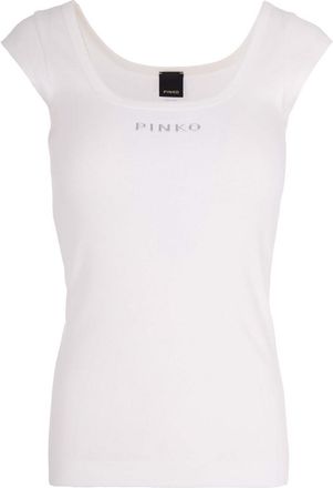 Pinko White Logo Round Neck Top