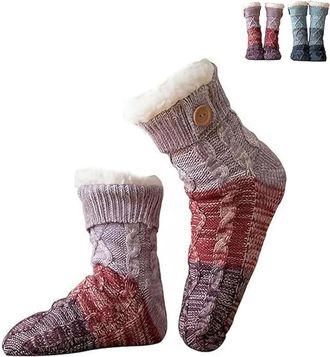Generic Knitted Ultra-Thick Slipper Home Socks, Non-slip Warm Winter Socks with Fleece Lined, Soft Plush Comfort, Unisex (1Pair-Red)
