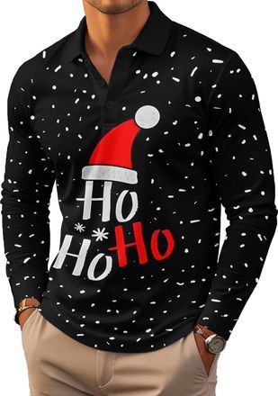 Generic Unisex Christmas Long Sleeve Polo Shirt, Polyester Button Down Collar, Relaxed Fit, Casual Sport Golf Wear, Modern Style, Machine Washable (UK, Alpha,