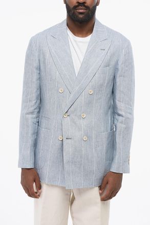 Brunello Cucinelli Blazer Doppiopetto in Lino Gessato con Rever a Lancia Brunello Cucinelli