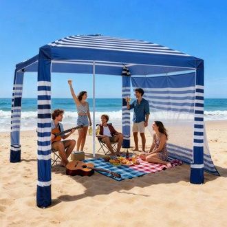 OEM Caba&ntilde;a De Playa Con Pared Lateral, Protecci&oacute;n Solar Upf 50+, Con Sacos De Arena, Toldo Port&aacute;til Y Ajustable En Altura Para Familias, Rayas Azul Marino