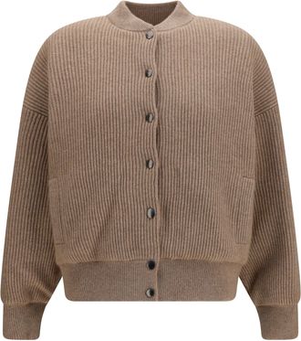 Brunello Cucinelli Womens Bomber Jacket Ribbed Cashmere Brown Knitwear Sweater
