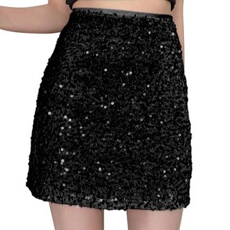 Generic Sequin Skirt Women Sparkly Sequin Skirts for Women Black Stretchy Sparkly Glitter Shiny Mini Skirt for Party
