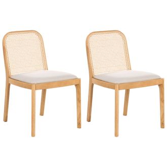 Beliani Conjunto De 2 Sillas De Comedor Trenza Vienesa Respaldo De Rat&aacute;n Asiento De Poli&eacute;ster Estructura De Madera De Caucho Sin Reposabrazos Marr&oacute;n Claro Edi