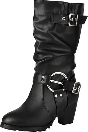 Generic Womens Casual Mid Calf Boots Round Toe Chunky High Heel Slip On With Platform And Metal Accent Pull On Daily Booties