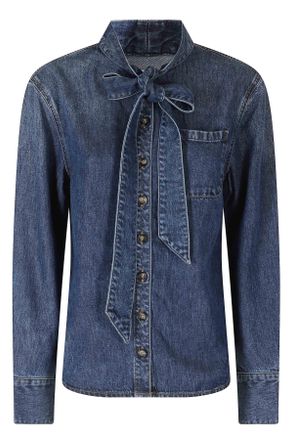 Self Portrait Denim Lyocell Tie-Neck Casual Shirt