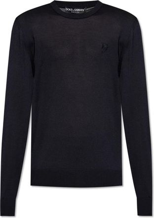 Dolce & Gabbana Zijden trui met geborduurd logo - Heren - Longsleeves - Blauw - 2XL - Tops