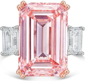 Diana M. Jewels 18kt Rose gold Lab grown 8ct Fancy pink emerald diamond ring with emerald diamonds on the side and micropave band