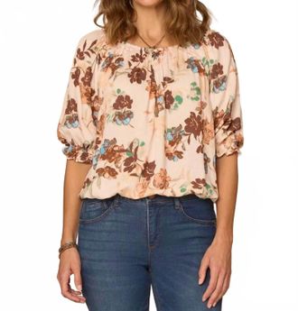 Democracy Elbow Blouson Sleeve Printed Top With Smocking In Blush/airy Blue Multi