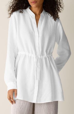 Eileen Fisher Split Neck Organic Linen Long Drawstring Shirt in White at Nordstrom, Size Xx-Small