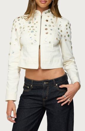 Edikted Elira Iridescent Button Crop Jacket in Cream at Nordstrom, Size Medium