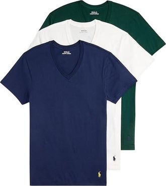 Polo Ralph Lauren Classic Fit Cotton V-Neck Undershirt 3 Pack Mens T Shirt Cruise Navy/White/Moss Agate : SM
