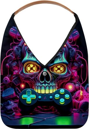 Generic Neon Skull Gaming Controller Reusable Lightweight Grocery Bags - Foldable Into Compact Pouch, Washable & Sturdy, Multipurpose for Shopping and Travel