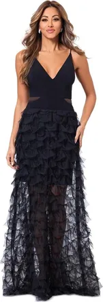 Xscape Dress Womens Black Mesh Sleeveless Ruffle Trim V-Neck Party FROG479