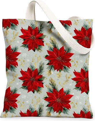 Generic Christmas Floral Canvas Tote Bag, Elegant Poinsettia Pattern Reusable Grocery Bags, Vintage Lightweight Washable Shoulder S, Red, 13x15 Inch