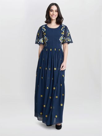 Gina Bacconi Womens Stella Embroidered Dress With Flowers - Navy - Size 20 UK