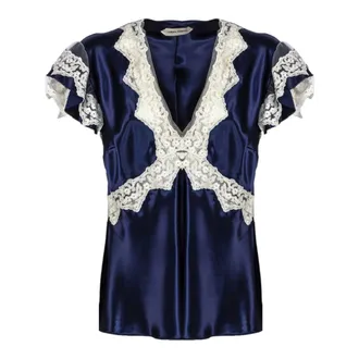 Alberta Ferretti Alberta Ferretti, Blouses, female, Blue, Size: XL Satin Top with Lace Inserts