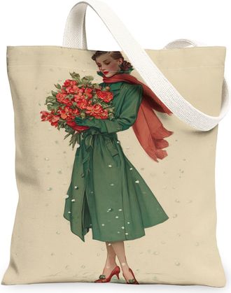 Generic Vintage Floral Canvas Tote Bags, Chic Flower Pattern Reusable Grocery Bags, Winter Lightweight Washable Shoulder Strap Canv, Green, 13x15 Inch