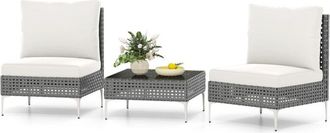 Costway 3 Pieces Patio Bistro Set PE Rattan Furniture Set w/Coffee Table-White