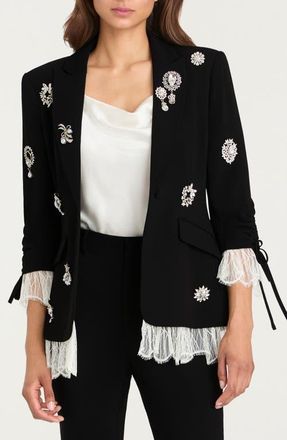Cinq &agrave; Sept Roxie Crystal Brooch Blazer in Black/Ivory at Nordstrom, Size 00
