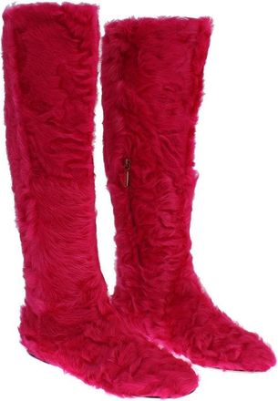 Dolce & Gabbana Womens Pink Lamb Fur Leather Flat Boots Lambskin