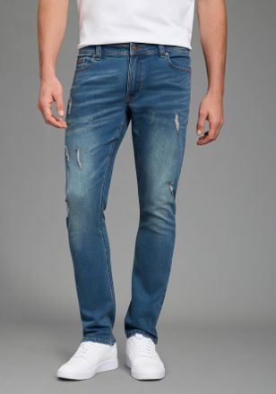 Bruno Banani Slim-fit-Jeans BRUNO BANANI Grady, Herren, Gr. 28, L&auml;nge 32, blau damaged, Obermaterial: 70% Baumwolle, 28% Polyester, 2% Elasthan, Destroyed-Effekte,