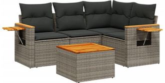 vidaXL Vidaxl - Juego De Sof&aacute;s Jard&iacute;n Con Cojines 5 Pzas Rat&aacute;n Sint&eacute;tico Gris