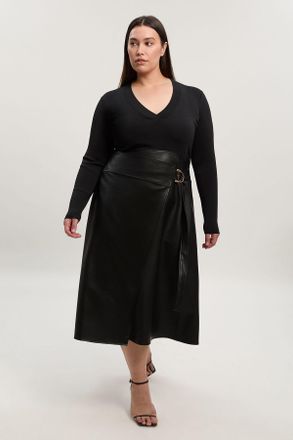 Karen Millen Womens Plus Size Figure Form Pu Mix Tab Detail Pleated Knit Midi Dress - Black Viscose - Size 3XL