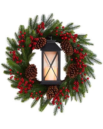 Nearly Natural 28in Berries And Pine Artificial Christmas Wreath With Lantern And Included LED Candle