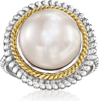 Ross-Simons 12-12.5mm Cultured Pearl Roped-Edge Ring in Sterling Silver and 14kt Yellow Gold