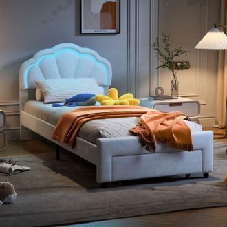 OEM Cama 90x200 Cm En Terciopelo Blanco Con Led Integrado Y Caj&oacute;n De Almacenamiento - Estilo Escandinavo