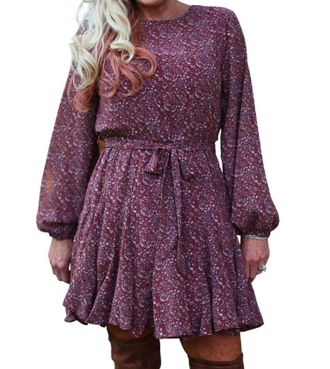 She + Sky Long Sleeve Print Dress With Flutter Bottom In Burgundy