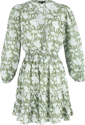 Maje Shirred Floral Printed Mini Dress in Green Cotton