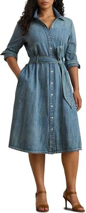 Lauren Ralph Lauren Belted Long Sleeve Denim Shirtdress in Odwin Wash at Nordstrom, Size 18W