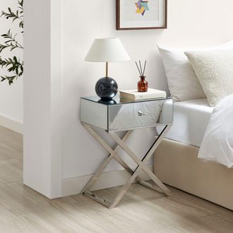 Furniturebox Celeste Single Drawer Mirrored bedside Table With Silver Chrome Cross Legs