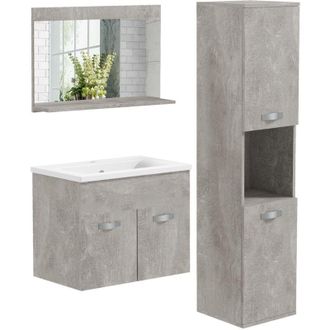 Kleankin Kleankin - Conjunto De Muebles De Ba&ntilde;o De Pared 3 Piezas Incluye Espejo Armario Con Lavabo Cer&aacute;mico Y Columna Auxiliar De Ba&ntilde;o Gris
