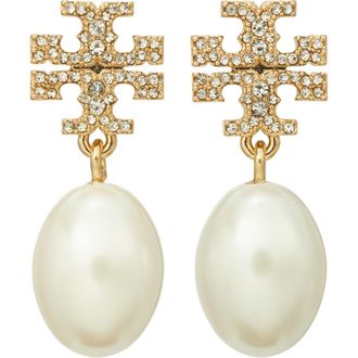 Tory Burch Moondance Pearl and Pav&eacute; Drop Earrings in Tory Gold /Pearl at Nordstrom