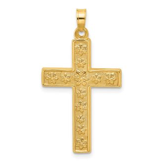 Diamond2Deal 14k Yellow Gold Polished Textured Floral Cross Pendant