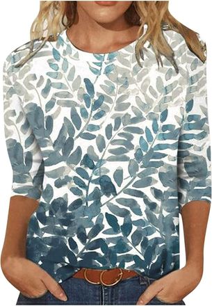 Generic 3/4 Sleeve T Shirts for Women Summer Round Neck Floral Printed Basic Tees Shirts Loose Comfy Casual Tshirts Trendy Three Quarter Length Sleeve Everyda