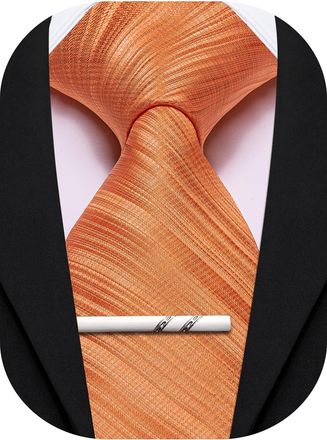 Barry.Wang Silk Men Ties Formal Stripes Necktie and Tie Clip for Wedding Party Business Fashion Classic, Light Orange, One Size