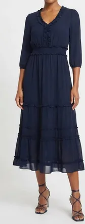 Nicole Miller Smocked Waist Tiered Maxi Dress In Deep Navy