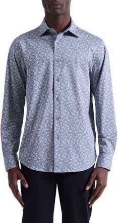 Bugatchi Jimmy OoohCotton Leaf Print Button-Up Shirt in Steel at Nordstrom Rack, Size Xxx-Large