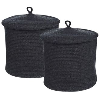 Beliani Beliani - Conjunto De 2 Cestas De Algod&oacute;n Negro 32 Cm Patr&oacute;n A Rayas Tapa Accesorio Silopi