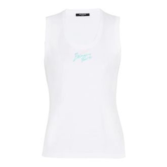 Balmain Sleeveless Tops, female, White, L, Relaxed Tank Top with Paris Brush Print