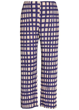 Pleats Please Issey Miyake Gingham Pleated Straight-leg Woven Cropped Trousers - Navy - 3