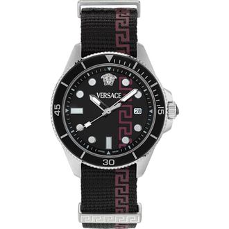 Versace Greca Force Fabric Strap Watch, 42mm in Stainless Steel at Nordstrom