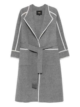 Maje embroidered-trimmed belted coat - women - Wool/Polyamide - 42 - Grey