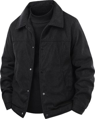 Generic Winter Jackets for Men Fleece Lined Lumberjack Jacket Mens Thick Padded Corduroy Jacket Plain Fluffy Warm Coat Lapel Collar Trucker Jacket Windbreaker